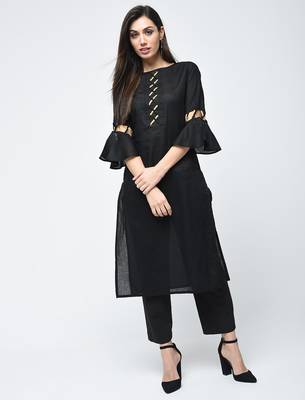 cotton criss-cross bell sleeves straight kurta,black,(s,m,l,xl,2xl,3xl) 2