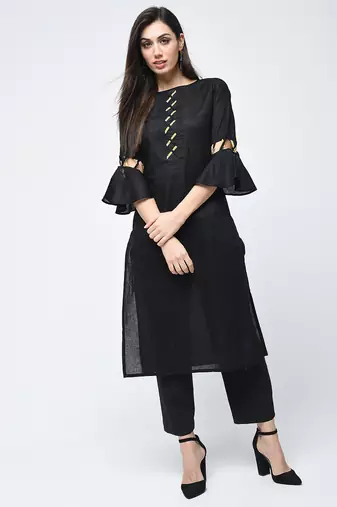 cotton criss-cross bell sleeves straight kurta,black,(s,m,l,xl,2xl,3xl)