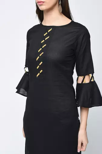 cotton criss-cross bell sleeves straight kurta,black,(s,m,l,xl,2xl,3xl)