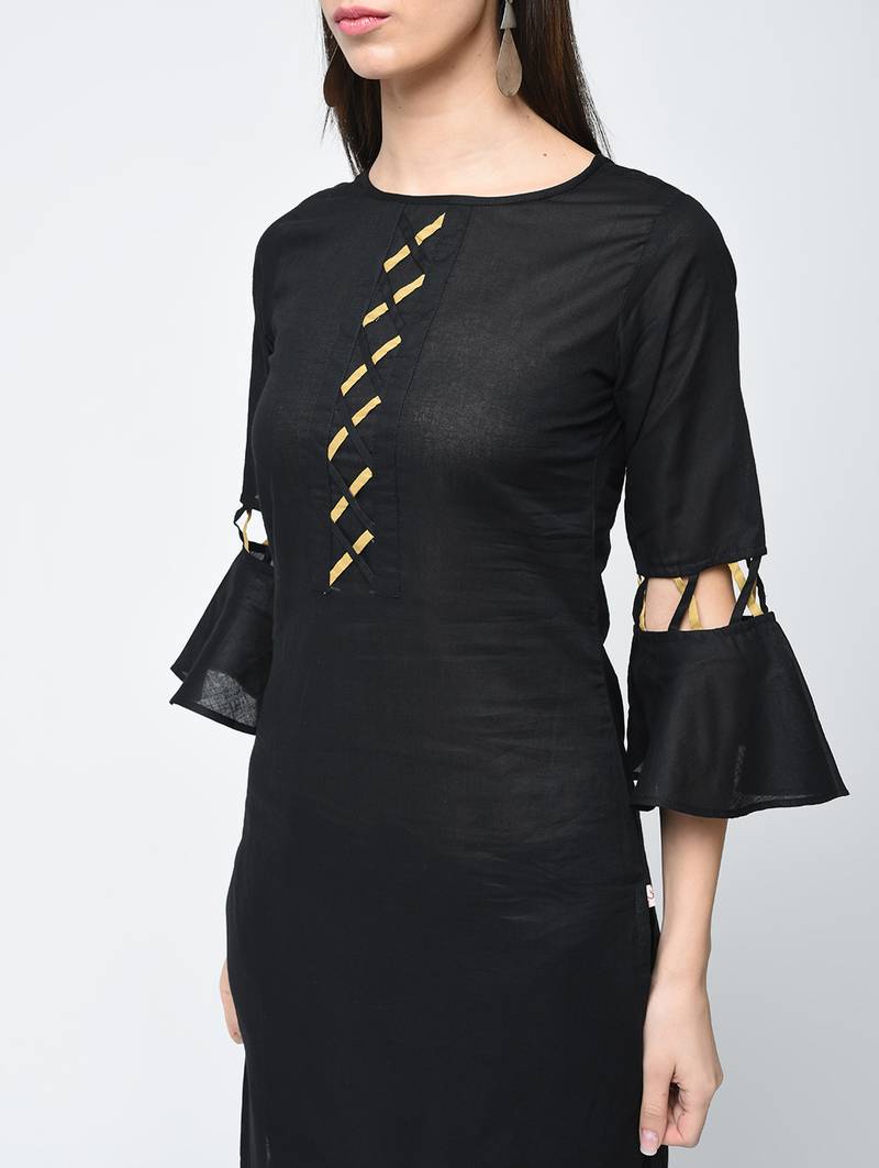 cotton criss-cross bell sleeves straight kurta,black,(s,m,l,xl,2xl,3xl)