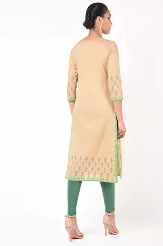 cotton floral print straight kurta,beige,(s,m,l,xl,2xl,3xl)