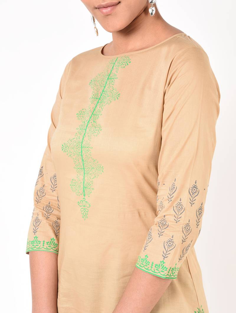 cotton floral print straight kurta,beige,(s,m,l,xl,2xl,3xl)
