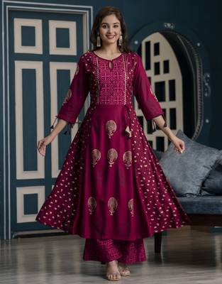 Rayon block print anarkali palazzo set,wine,(s,m,l,xl,2xl,3xl) 1