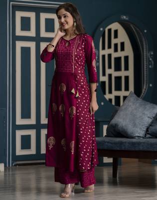 Rayon block print anarkali palazzo set,wine,(s,m,l,xl,2xl,3xl) 2