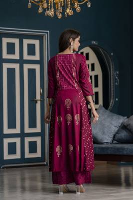 Rayon block print anarkali palazzo set,wine,(s,m,l,xl,2xl,3xl) 4