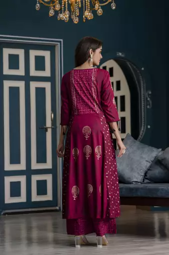 Rayon block print anarkali palazzo set,wine,(s,m,l,xl,2xl,3xl)