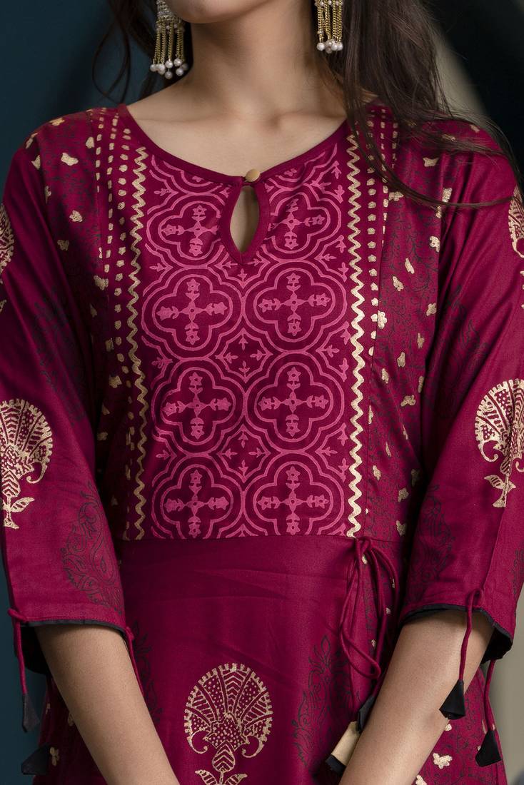 Rayon block print anarkali palazzo set,wine,(s,m,l,xl,2xl,3xl)
