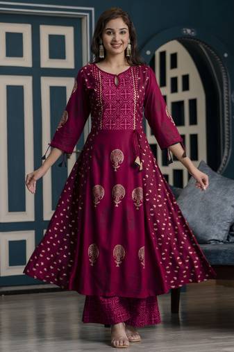 Rayon block print anarkali kurta wine
