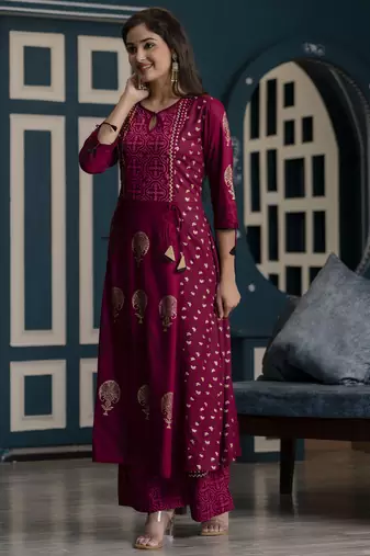 Rayon block print anarkali kurta,wine,(s,m,l,xl,2xl,3xl)