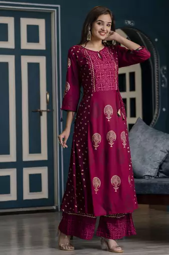 Rayon block print anarkali kurta,wine,(s,m,l,xl,2xl,3xl)