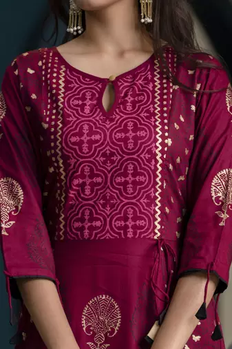 Rayon block print anarkali kurta,wine,(s,m,l,xl,2xl,3xl)