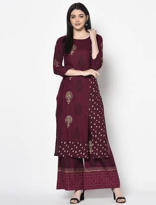 Rayon block print straight kurta palazzo set ,wine,(s,m,l,xl,2xl,3xl) 1