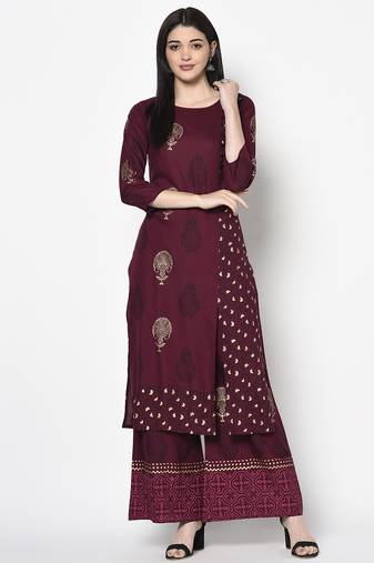Rayon block print straight kurta palazzo set  wine