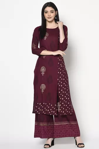 Rayon block print straight kurta palazzo set ,wine,(s,m,l,xl,2xl,3xl)