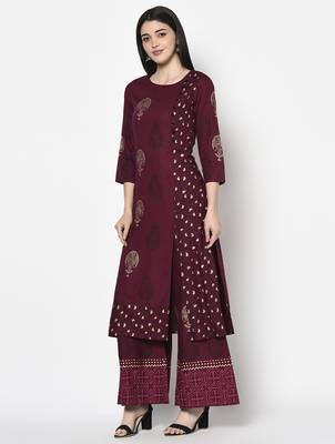 Rayon block print straight kurta palazzo set ,wine,(s,m,l,xl,2xl,3xl) 2