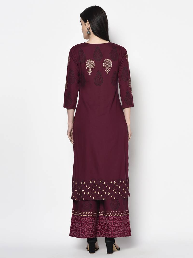 Rayon block print straight kurta palazzo set ,wine,(s,m,l,xl,2xl,3xl)
