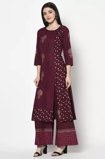 rayon block print straight kurta,wine,(s,m,l,xl,2xl,3xl)