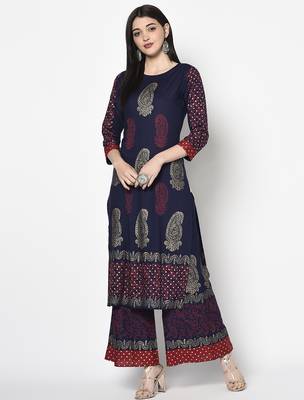 rayon block print straight kurta,navy blue,(s,m,l,xl,2xl,3xl) 1