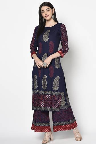 rayon block print straight kurta navy blue