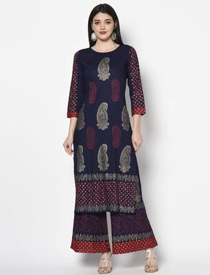 rayon block print straight kurta,navy blue,(s,m,l,xl,2xl,3xl) 2
