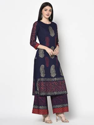 rayon block print straight kurta,navy blue,(s,m,l,xl,2xl,3xl) 3