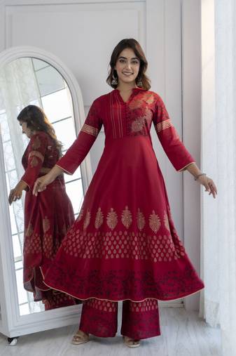 Rayon block print anarkali palazzo set maroon