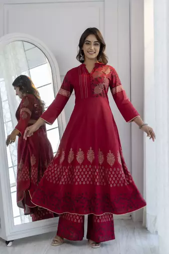 Rayon block print anarkali palazzo set,maroon,(s,m,l,xl,2xl,3xl)