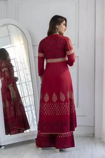 Rayon block print anarkali palazzo set,maroon,(s,m,l,xl,2xl,3xl)