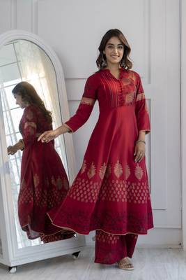 Rayon block print anarkali kurta,maroon,(s,m,l,xl,2xl,3xl) 2