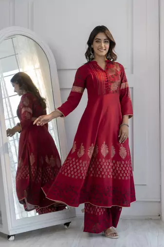Rayon block print anarkali kurta,maroon,(s,m,l,xl,2xl,3xl)