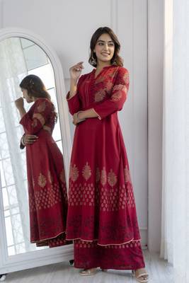 Rayon block print anarkali kurta,maroon,(s,m,l,xl,2xl,3xl) 3