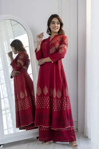 Rayon block print anarkali kurta,maroon,(s,m,l,xl,2xl,3xl)