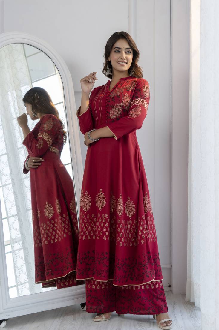 Rayon block print anarkali kurta,maroon,(s,m,l,xl,2xl,3xl)