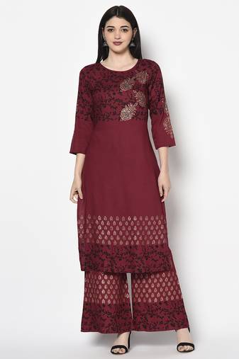 Rayon block print straight kurta plazzo set maroon