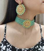 mint green kundan choker set with maang tikka