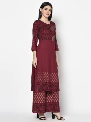 Rayon block print straight kurta plazzo set,maroon,(s,m,l,xl,2xl,3xl) 3