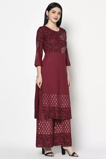 Rayon block print straight kurta plazzo set,maroon,(s,m,l,xl,2xl,3xl)
