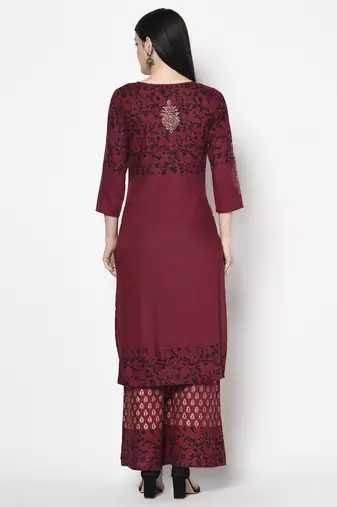 Rayon block print straight kurta plazzo set,maroon,(s,m,l,xl,2xl,3xl)