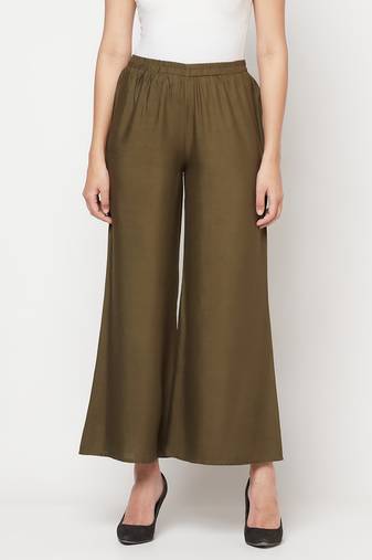 Rayon flared slip-on palazzo dark green