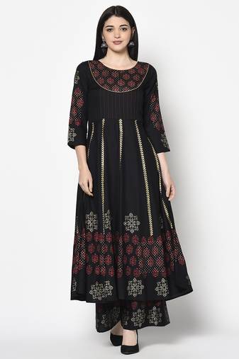 Rayon block print anarkali palazzo set black