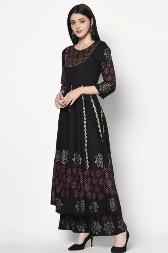 Rayon block print anarkali palazzo set,black,(s,m,l,xl,2xl,3xl)