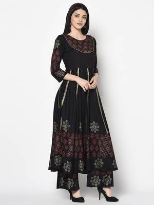Rayon block print anarkali palazzo set,black,(s,m,l,xl,2xl,3xl) 3