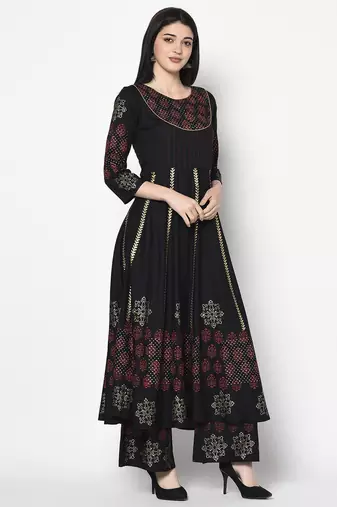 Rayon block print anarkali palazzo set,black,(s,m,l,xl,2xl,3xl)