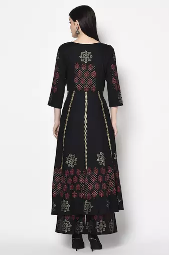Rayon block print anarkali palazzo set,black,(s,m,l,xl,2xl,3xl)