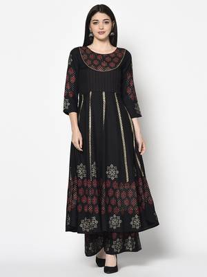 Rayon block print anarkali kurta,black,(s,m,l,xl,2xl,3xl) 1