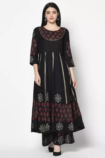 Rayon block print anarkali kurta,black,(s,m,l,xl,2xl,3xl)