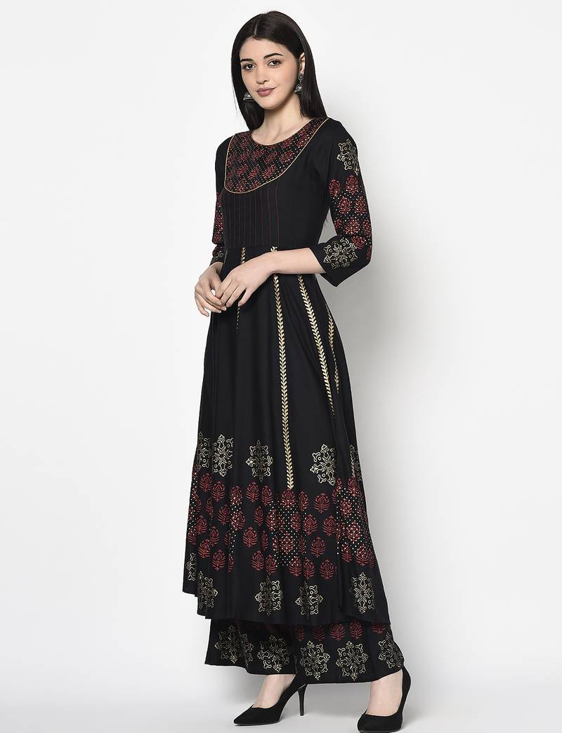 Rayon block print anarkali kurta,black,(s,m,l,xl,2xl,3xl)