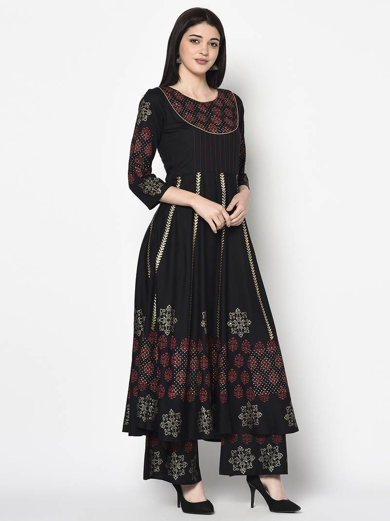 Rayon block print anarkali kurta,black,(s,m,l,xl,2xl,3xl)