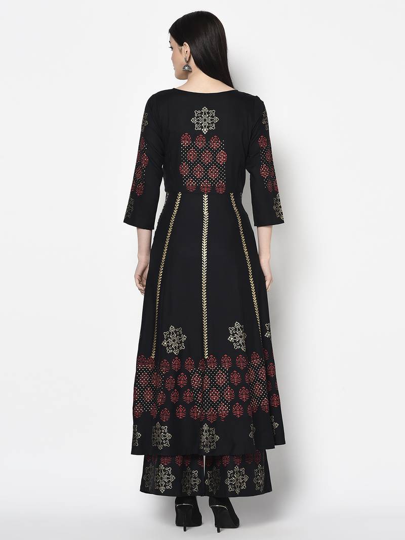 Rayon block print anarkali kurta,black,(s,m,l,xl,2xl,3xl)