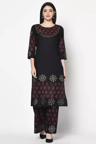 Rayon block print straight kurta palazzo set,black,(s,m,l,xl,2xl,3xl)